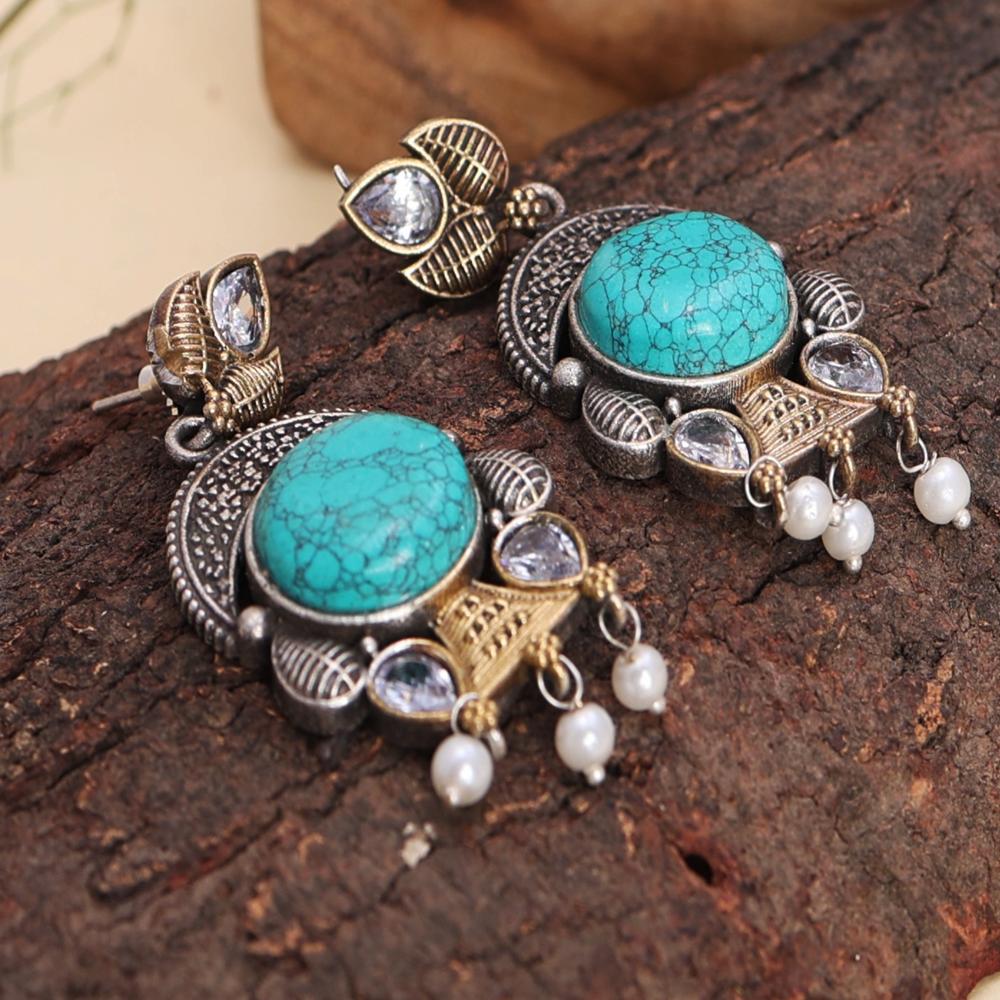 Two-Tone Fashion Blue Stone & Pearl Dangle Earrings For Women and Girls