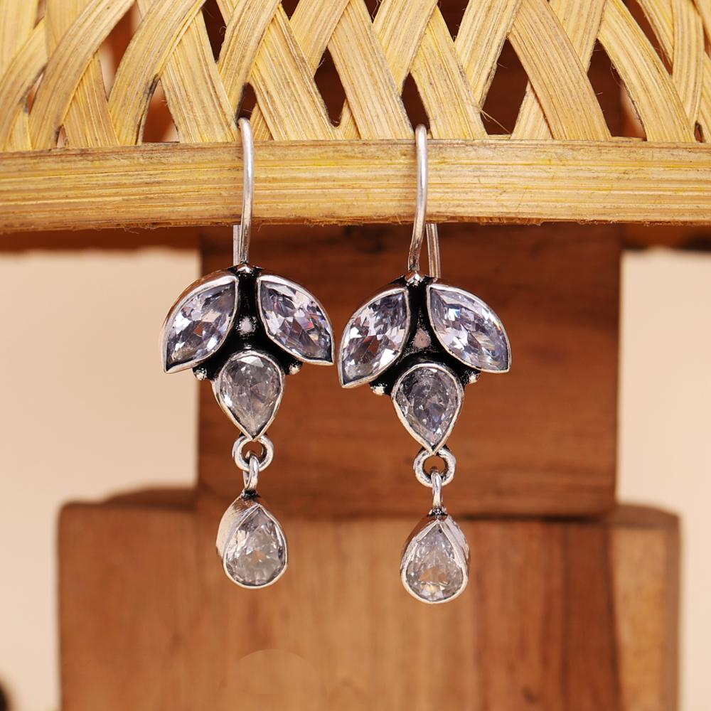 Silver-plated Designer Drop Earrings With Pear Crystal Stones - Color: Silver