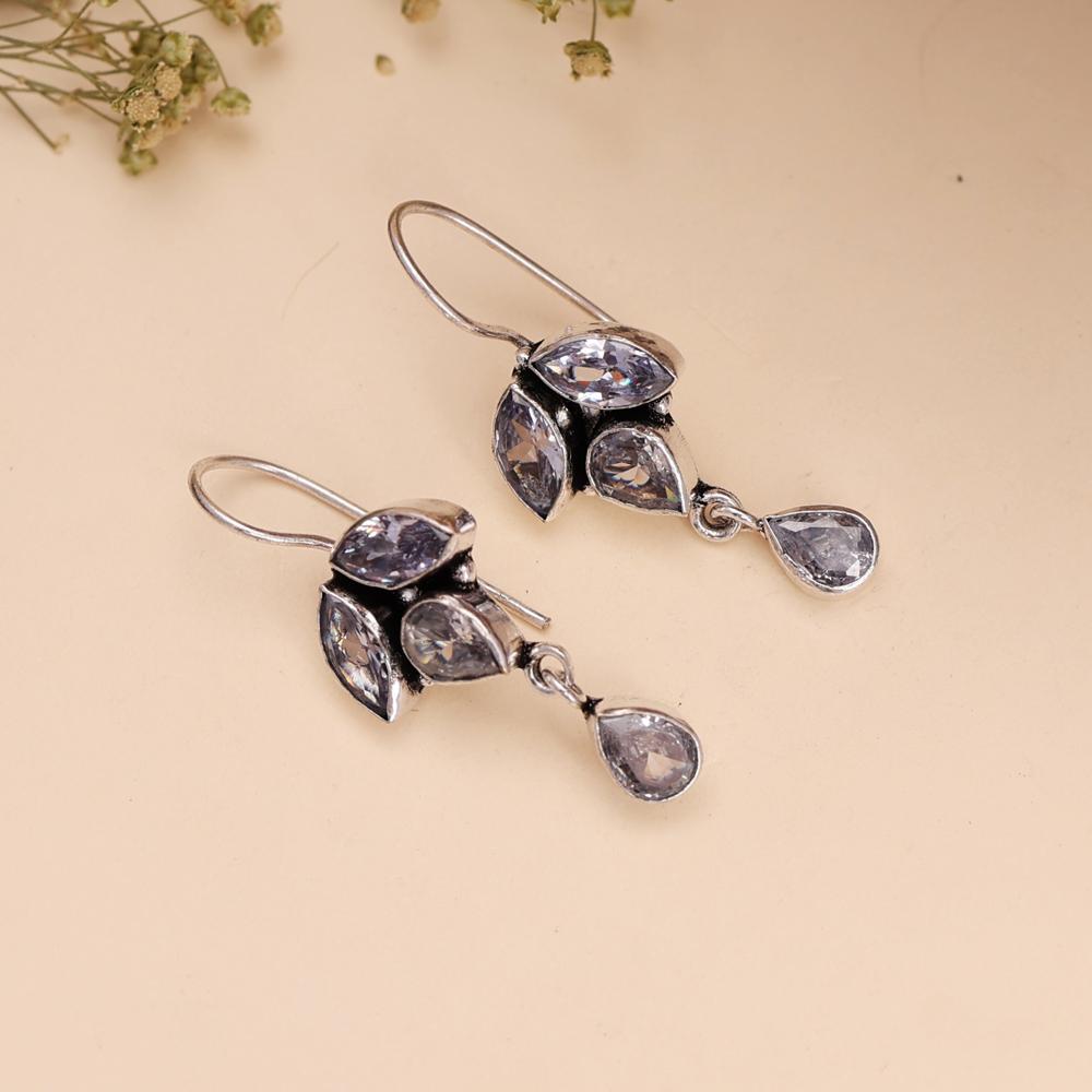 Silver-plated Designer Drop Earrings With Pear Crystal Stones - Color: Silver