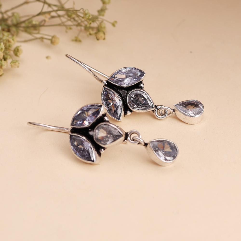 Silver-plated Designer Drop Earrings With Pear Crystal Stones - Color: Silver