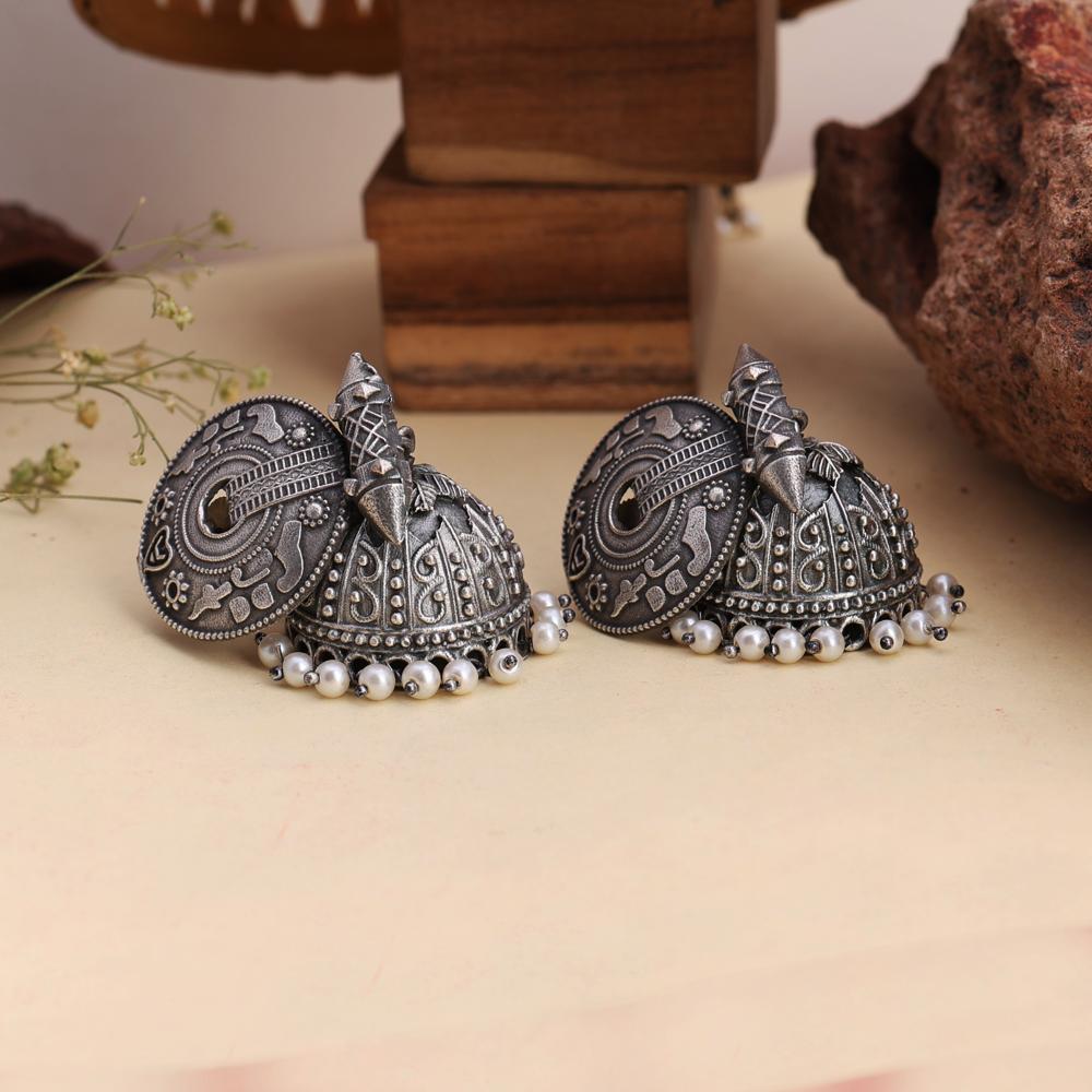 Oxidized Silver-plated Tribal Antique Jhumka Earrings With Engraved Design - Color: Silver