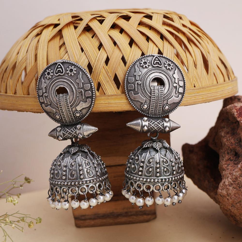 Oxidized Silver-plated Tribal Antique Jhumka Earrings With Engraved Design - Color: Silver