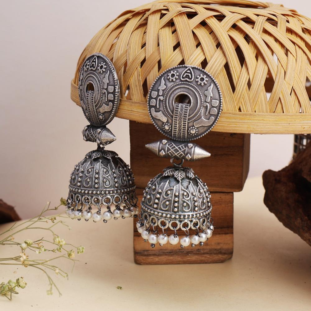 Oxidized Silver-plated Tribal Antique Jhumka Earrings With Engraved Design - Color: Silver