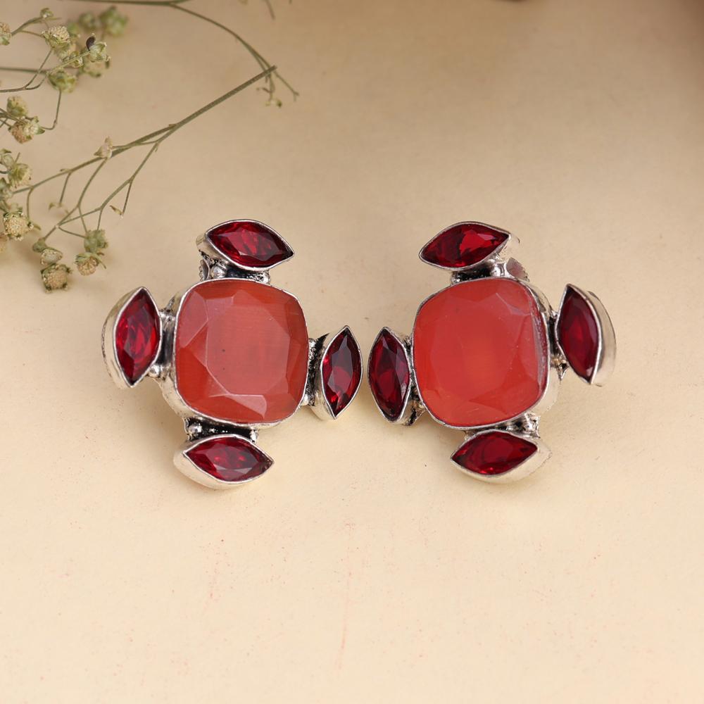 German Silver Orange Cut Stone Oxidised Stud Earrings For Women ang Girls