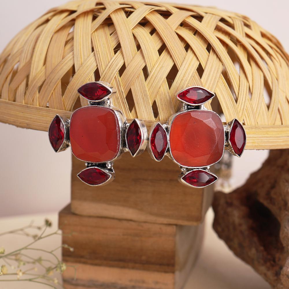 German Silver Orange Cut Stone Oxidised Stud Earrings For Women ang Girls