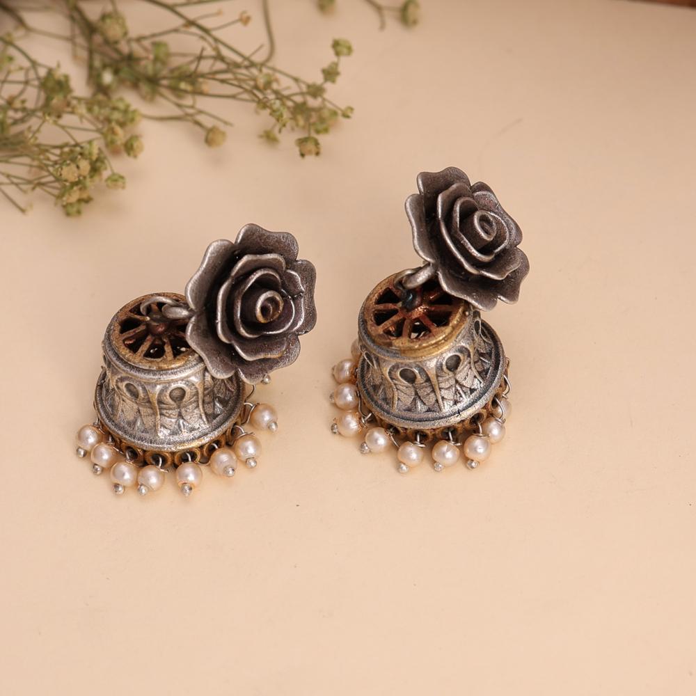 Rose Blossom Antique Jhumka Earrings Ethnic Designer Earrings For Women