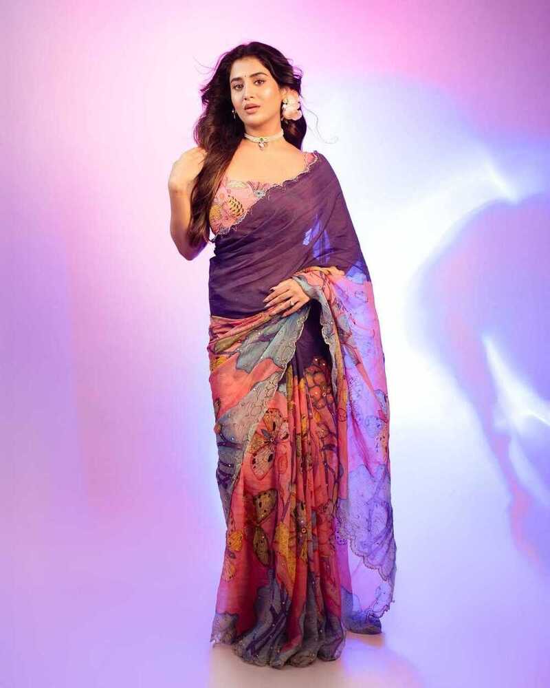 Teby silk fabric with beautiful butterfly digital print with cutdana moti