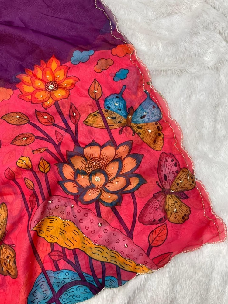 Teby silk fabric with beautiful butterfly digital print with cutdana moti