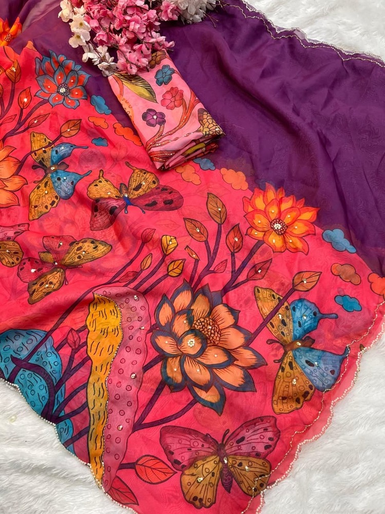 Teby silk fabric with beautiful butterfly digital print with cutdana moti