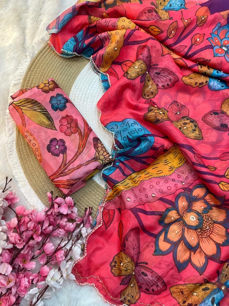 Teby silk fabric with beautiful butterfly digital print with cutdana moti