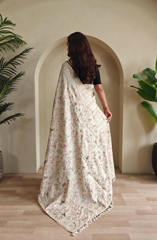 Pure Loom Tussar Saree With All Over Designer Embroidery Pattern