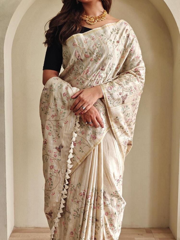 Pure Loom Tussar Saree With All Over Designer Embroidery Pattern