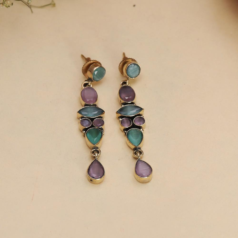 Beautifully Handcrafted Green Lavender Monalisa Drop Gold Polished Earrings Best Gift for Girls
