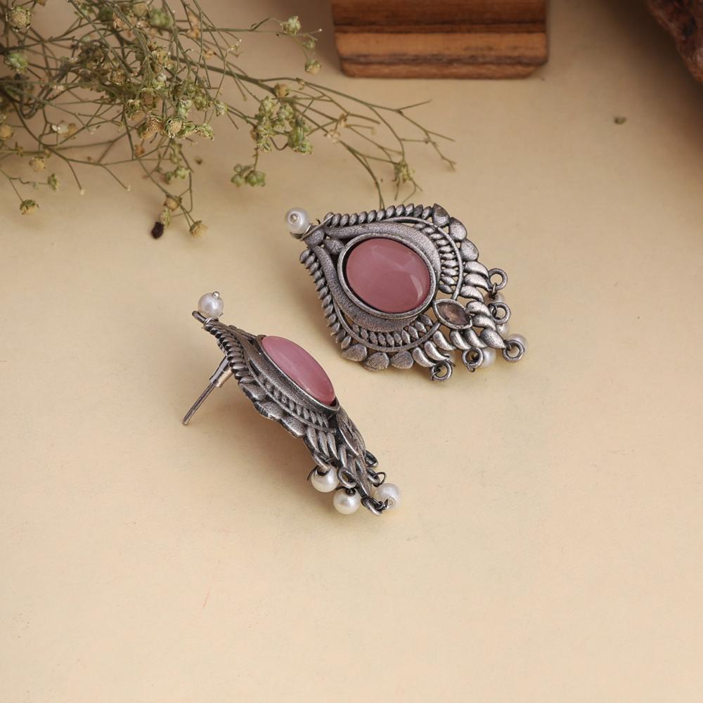 Handcrafted Oxidized Antique Silver Earrings with Oval Monalisa Stone and Pearl Drops