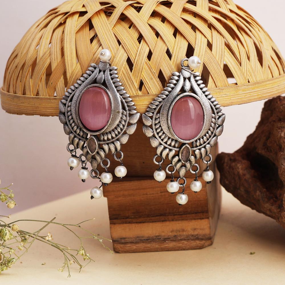 Handcrafted Oxidized Antique Silver Earrings with Oval Monalisa Stone and Pearl Drops