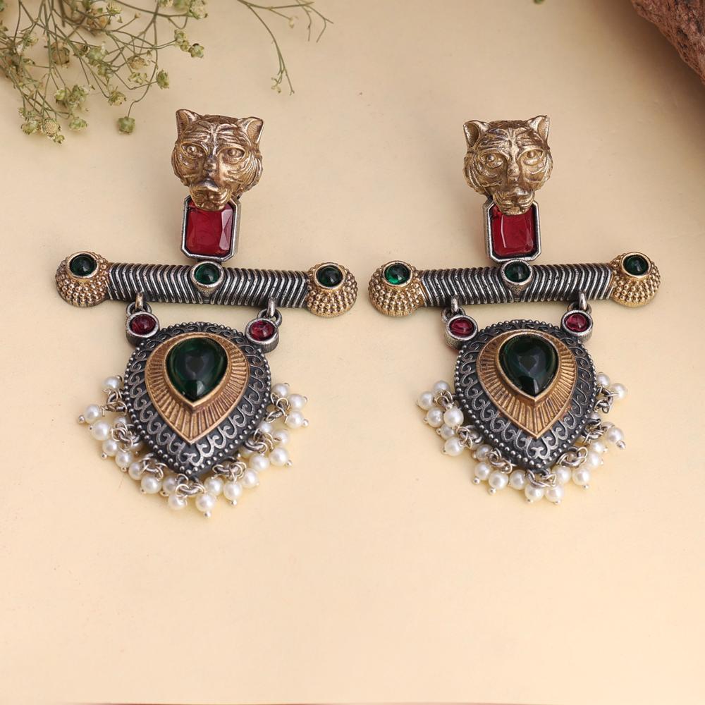 Two-Tone Panther Design Royal look Dangle Earrings With Hanging Pearls
