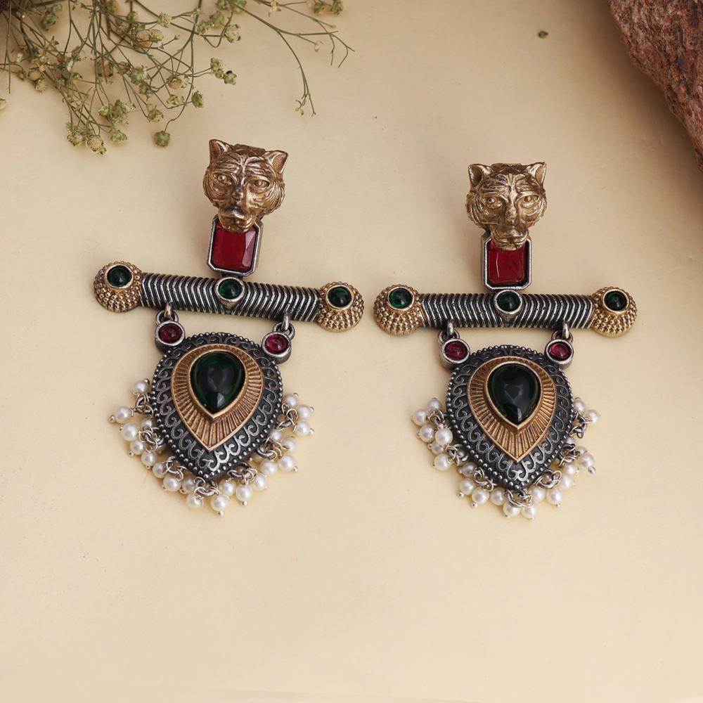 Two-Tone Panther Design Royal look Dangle Earrings With Hanging Pearls