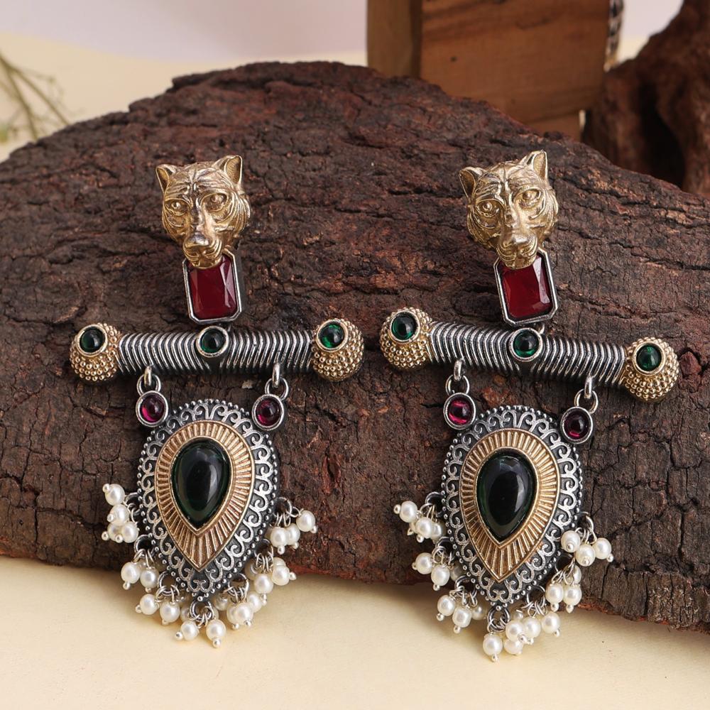 Two-Tone Panther Design Royal look Dangle Earrings With Hanging Pearls