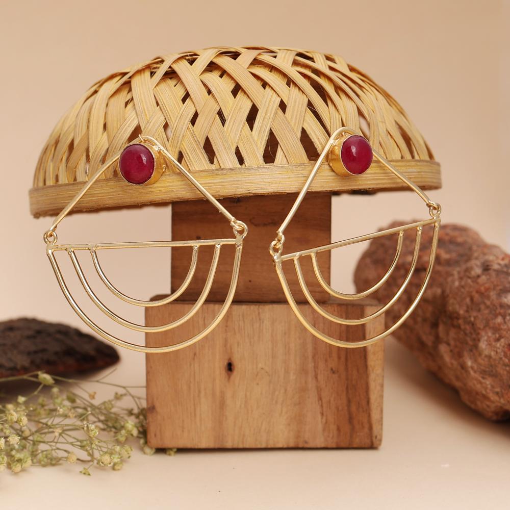Bold and Modern Art-Inspired Geometric Arc Design Earrings with Red Stone Stud