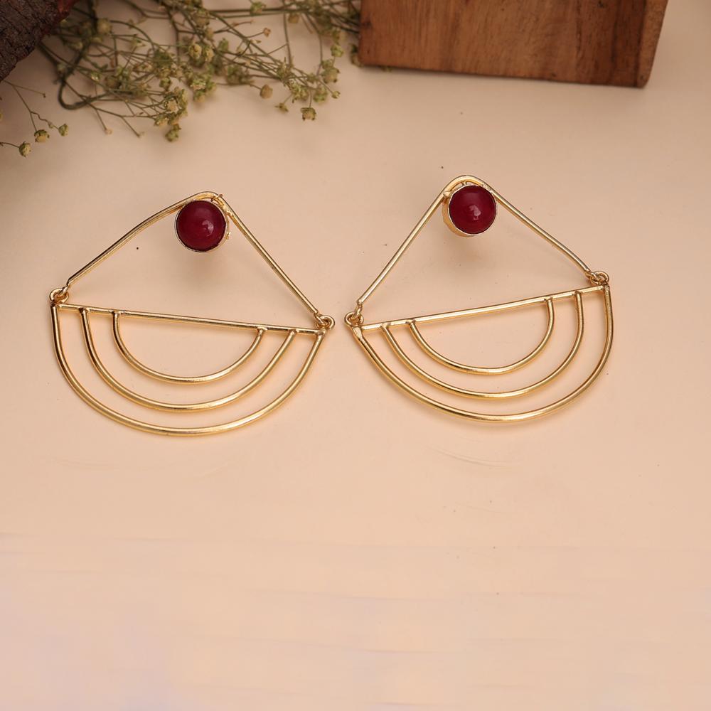 Bold and Modern Art-Inspired Geometric Arc Design Earrings with Red Stone Stud