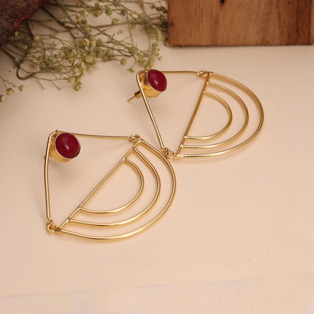 Bold and Modern Art-Inspired Geometric Arc Design Earrings with Red Stone Stud