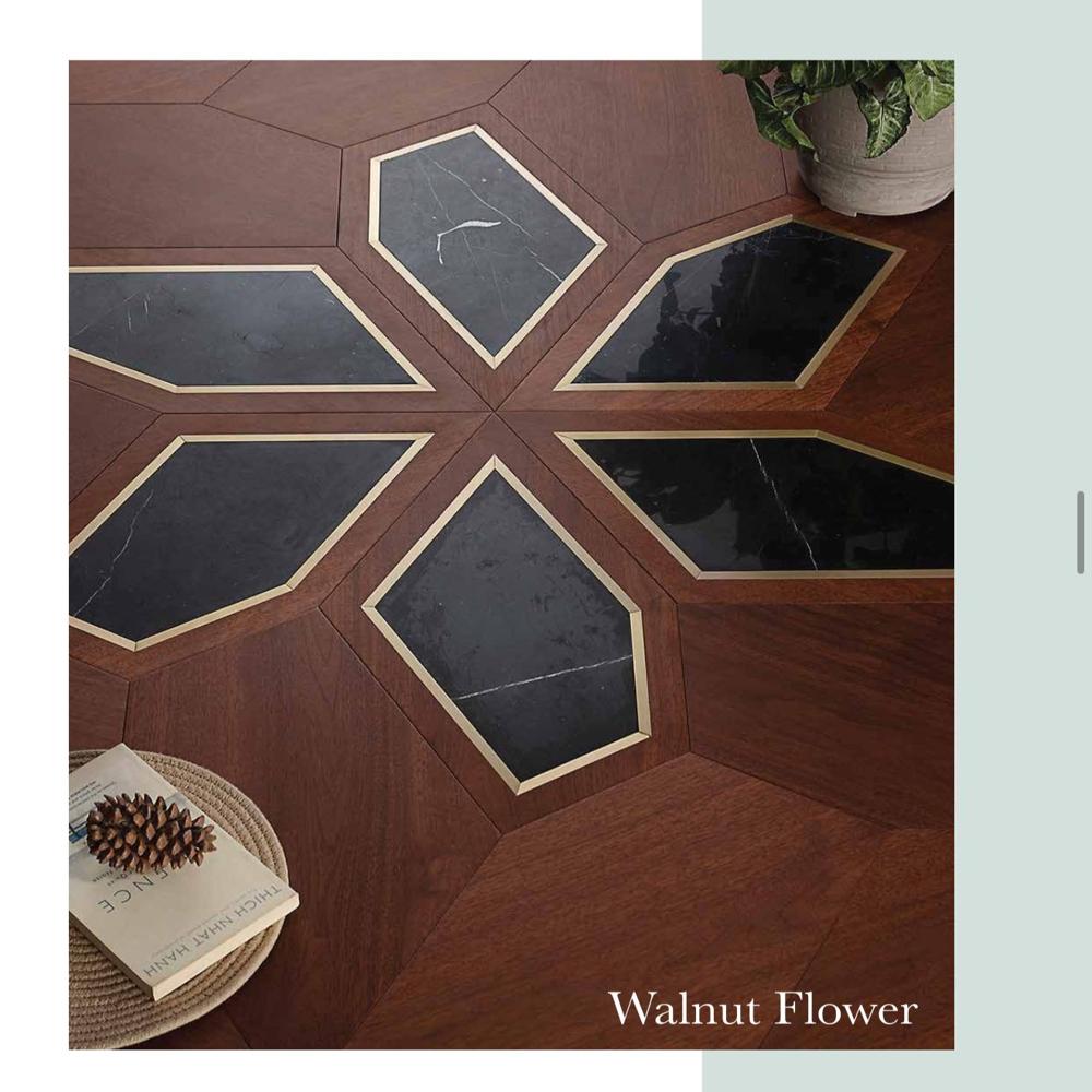 Premium Inlay Engineered Wood/Marble/Brass Arrow/Flower Aesthetic EIR surface Luxury wooden Flooring  Custom Inlay Flooring Solutions 