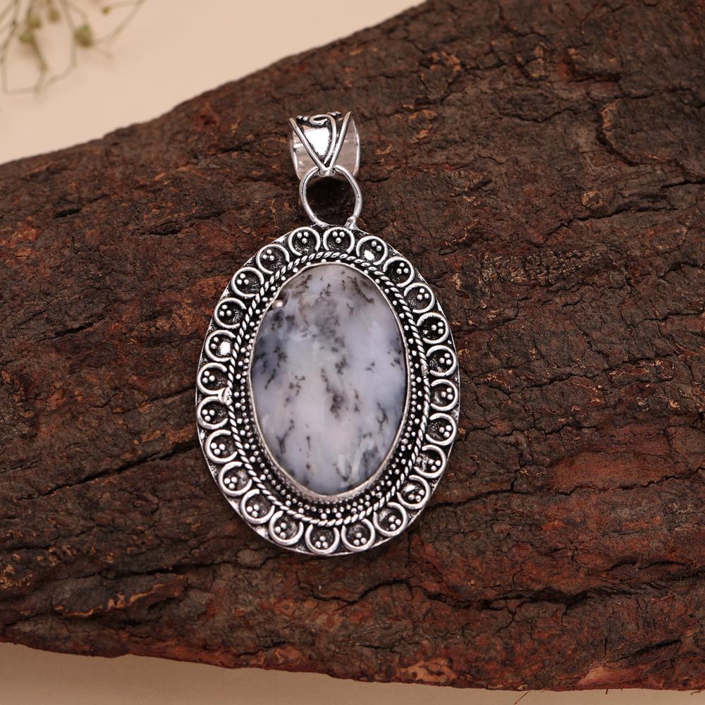 Natural Dendrite Opal Gemstone Handmade 925 Silver Plated Pendant Jewelry
