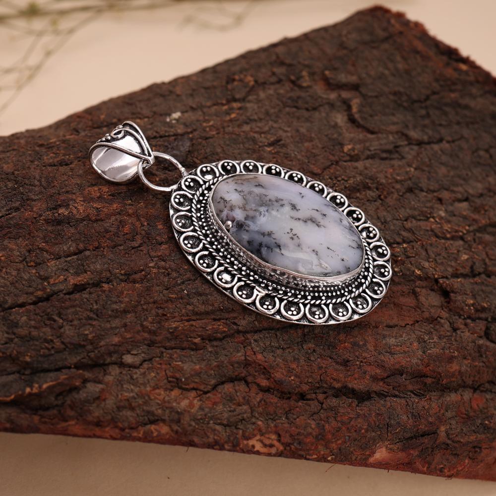Natural Dendrite Opal Gemstone Handmade 925 Silver Plated Pendant Jewelry