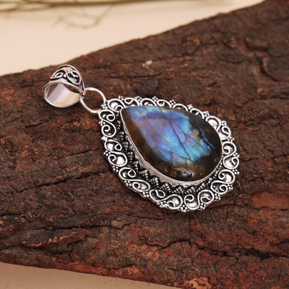 Teardrop Pear Labradorite Pendant in Handcrafted Antique Silver Setting Beautiful Pendant