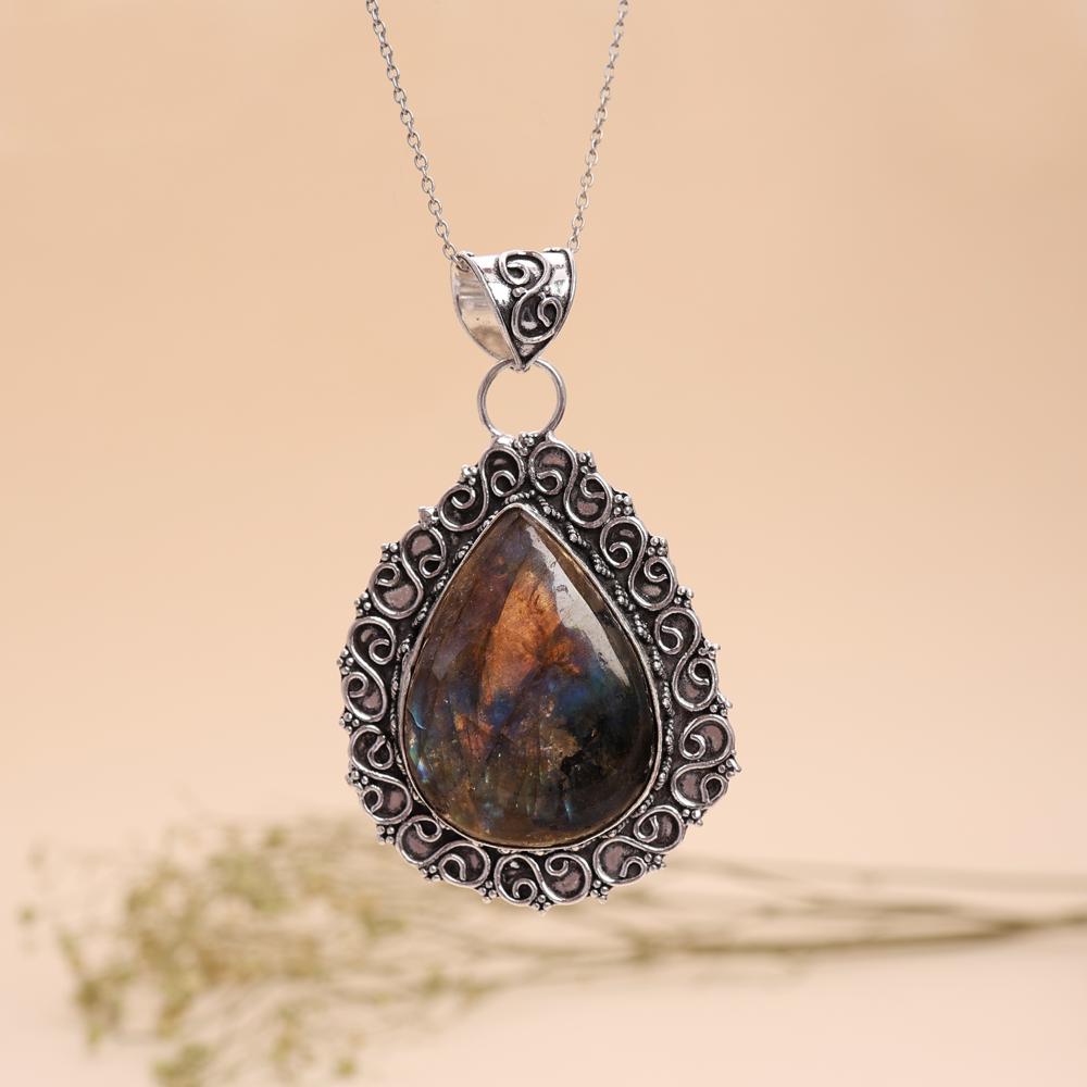 Teardrop Pear Labradorite Pendant In Handcrafted Antique Silver Setting Beautiful Pendant - Hardness: Rigid