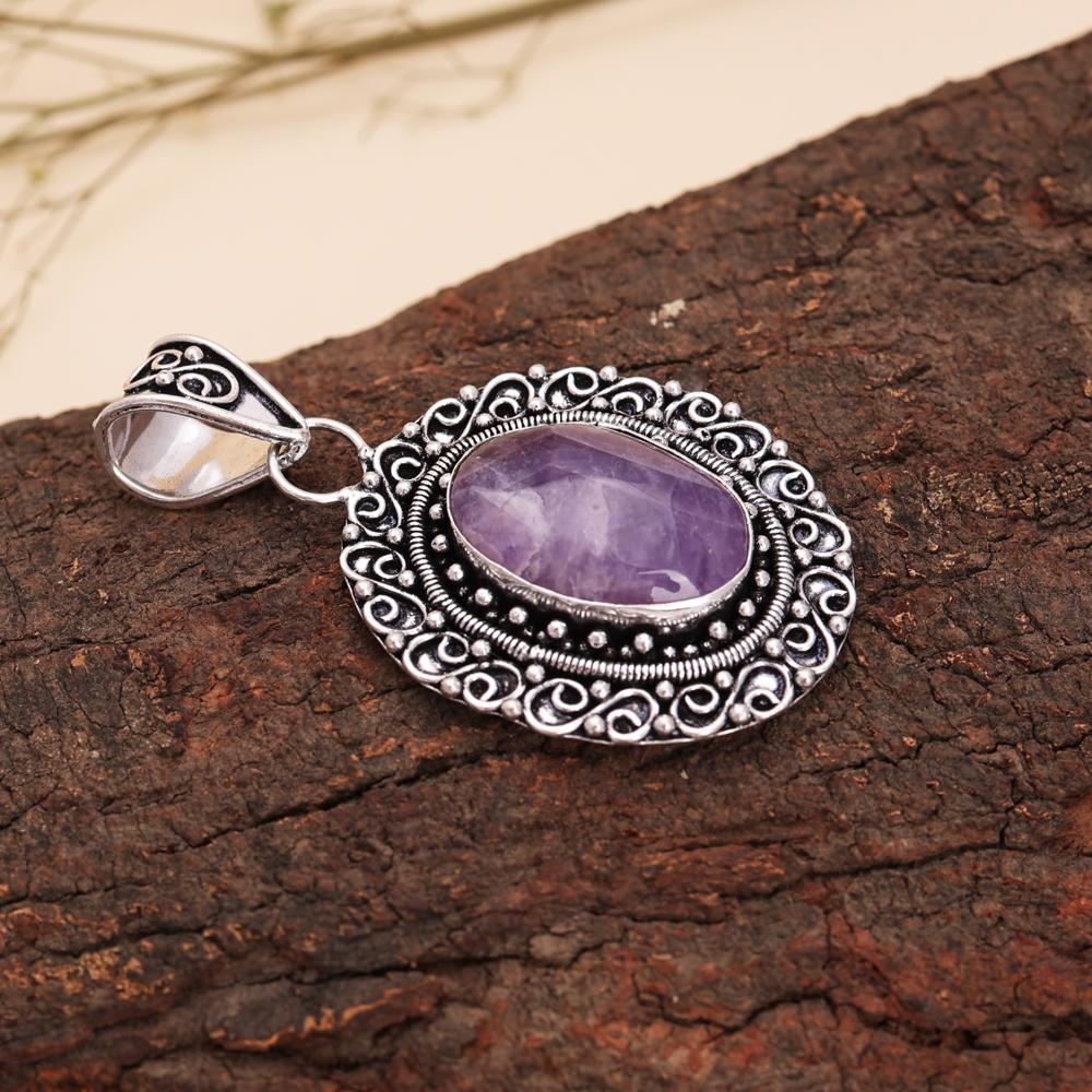 Oxidized Silver Pendant With Chain Natural Amethyst Stone Vintage Ethnic Jewelry