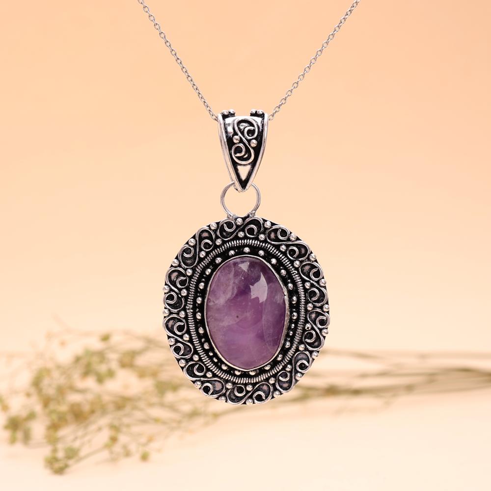 Oxidized Silver Pendant With Chain Natural Amethyst Stone Vintage Ethnic Jewelry