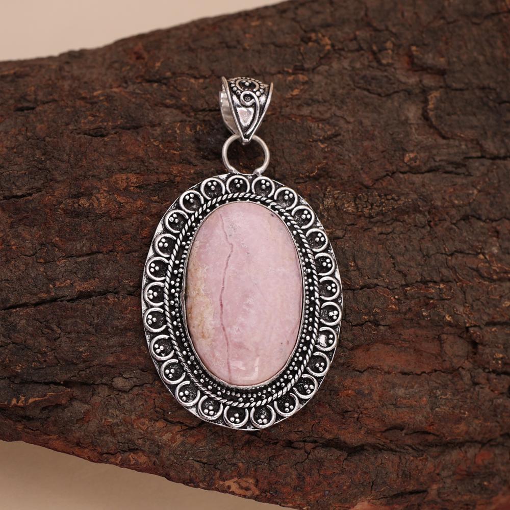 Natural Rhodochrosite Pendant in Antique Silver Finish Pendant With Chain