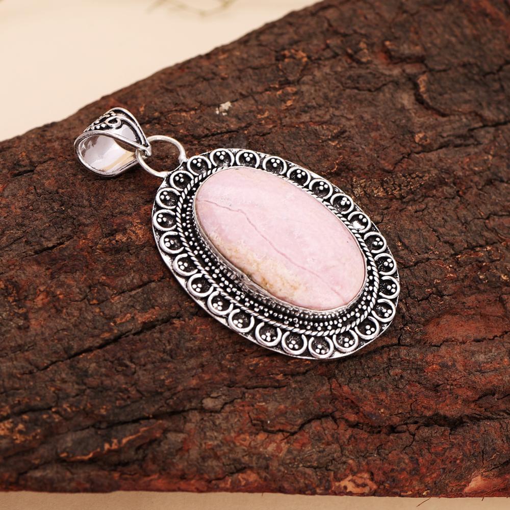 Natural Rhodochrosite Pendant in Antique Silver Finish Pendant With Chain