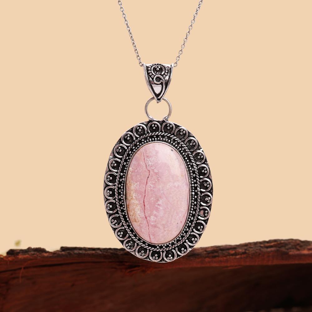Natural Rhodochrosite Pendant in Antique Silver Finish Pendant With Chain