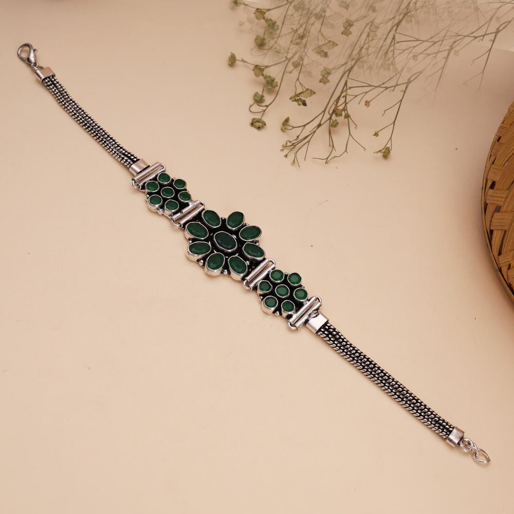 925 Plated Silver Look Alike Brass Bracelet Beautiful Green Color Cut Stone Bracelet