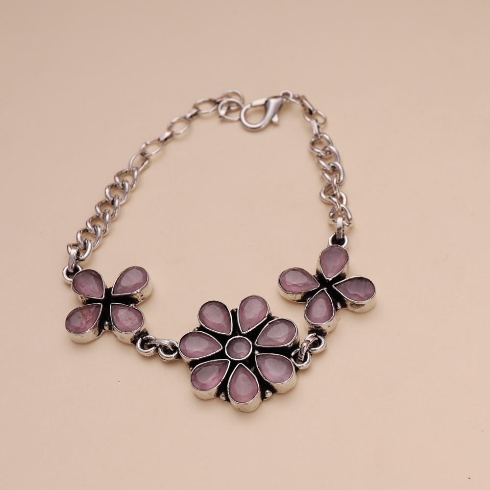 Beautiful Pink Monalisa Stone Bracelet Silver Plated Brass Metal Bracelets For Women and Girls