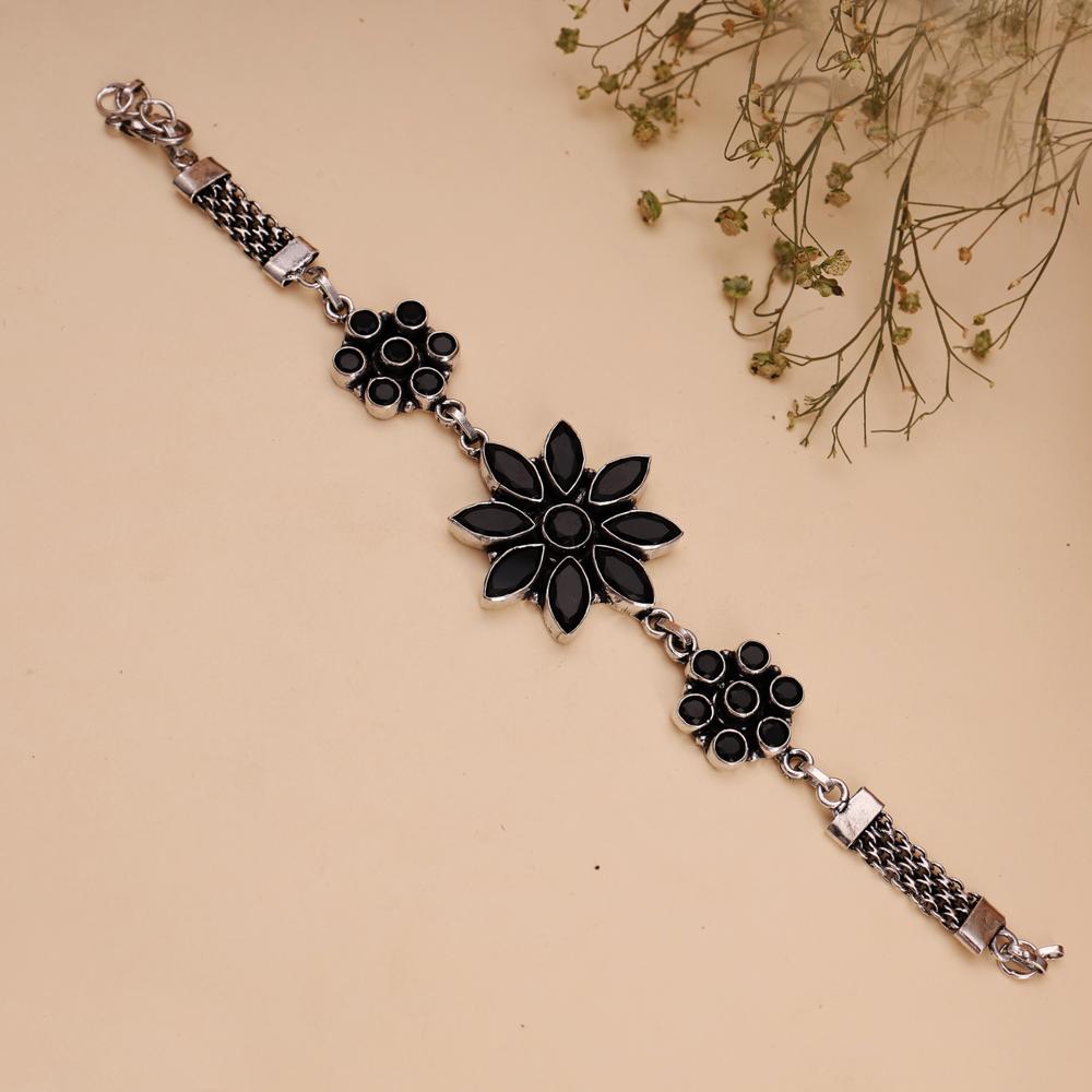 Beautiful Black Color Cut Stone Flora Design Silver Look Bracelet For Women and Girls