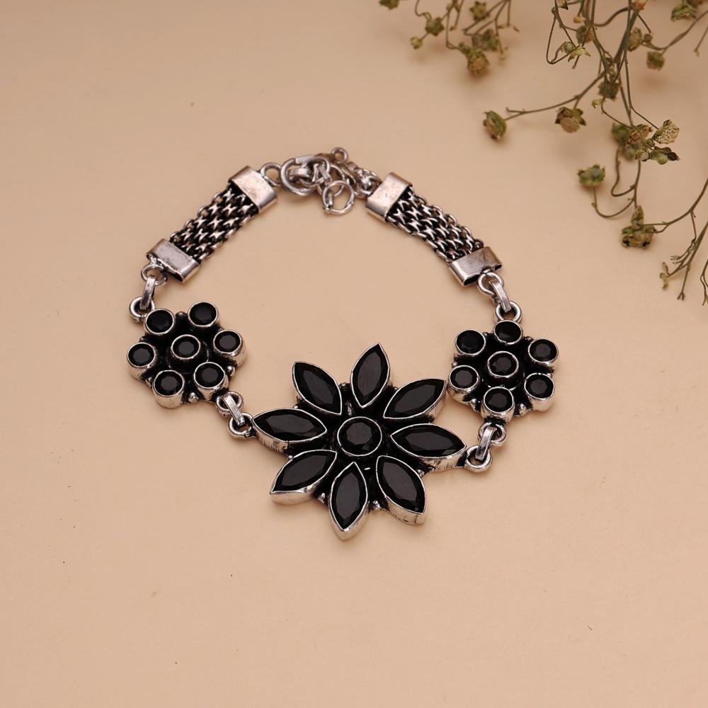Beautiful Black Color Cut Stone Flora Design Silver Look Bracelet For Women and Girls