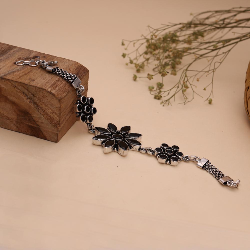 Beautiful Black Color Cut Stone Flora Design Silver Look Bracelet For Women and Girls