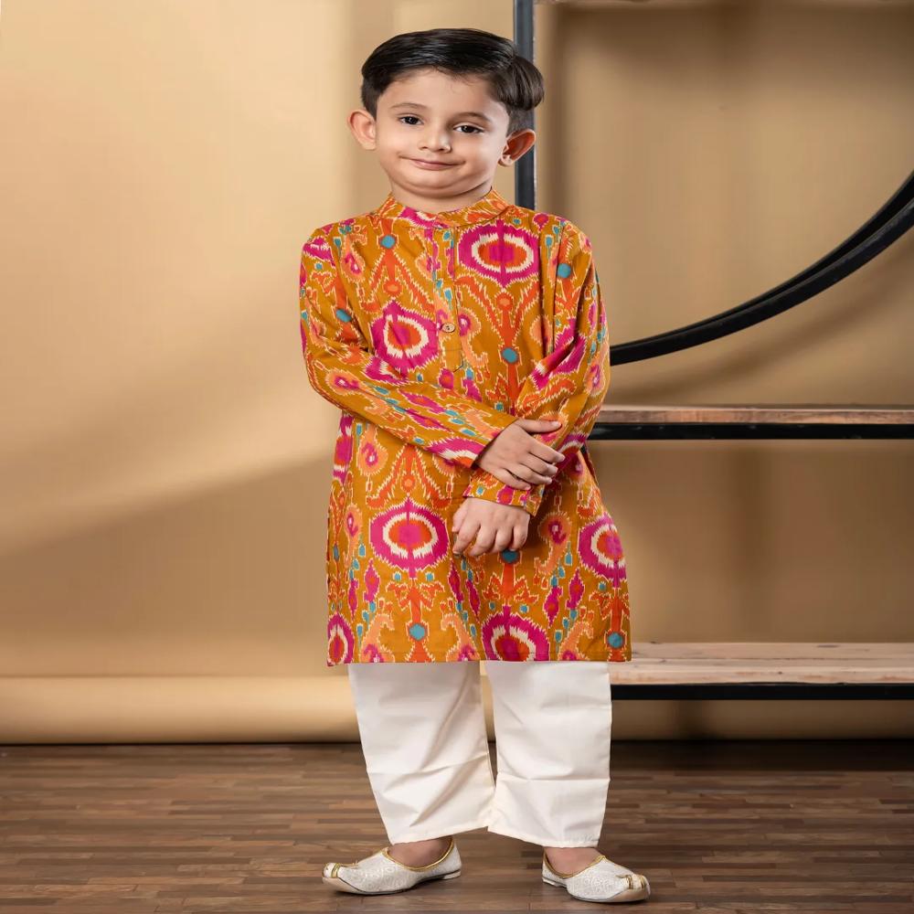 Boys Straight Style Cotton Fabric Multi Color Kurta And Pyjama