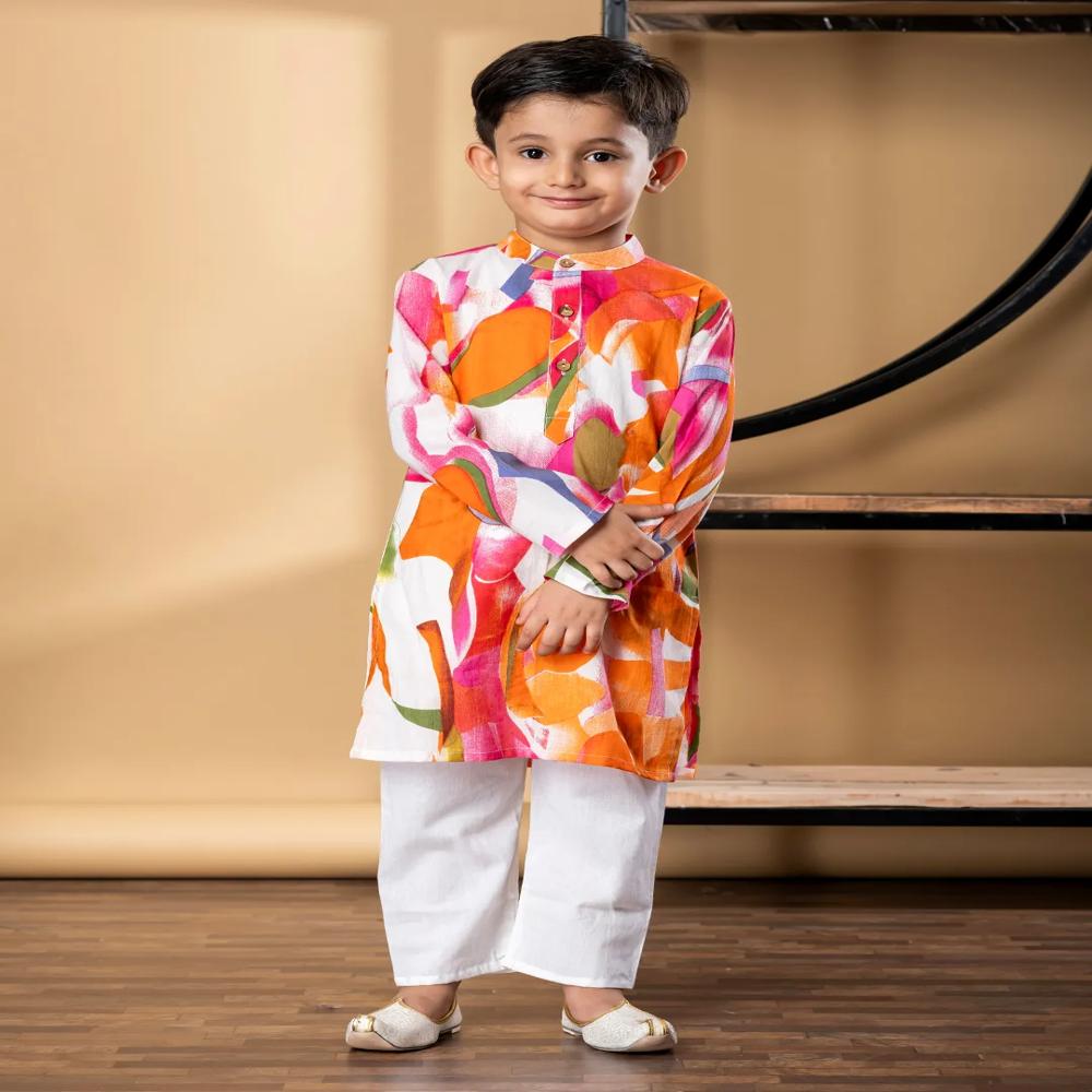 Boys Straight Style Cotton Fabric Orange Color Kurta And Pyjama