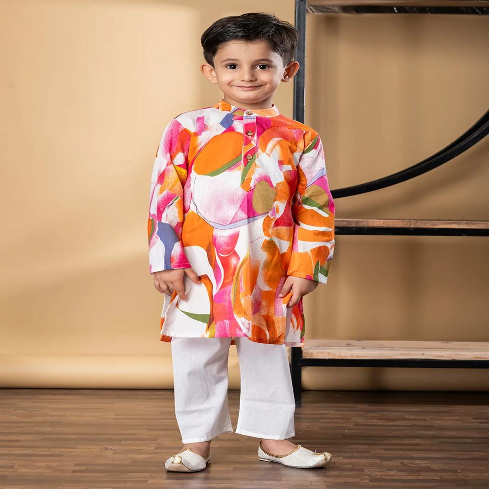 Boys Straight Style Cotton Fabric Orange Color Kurta And Pyjama