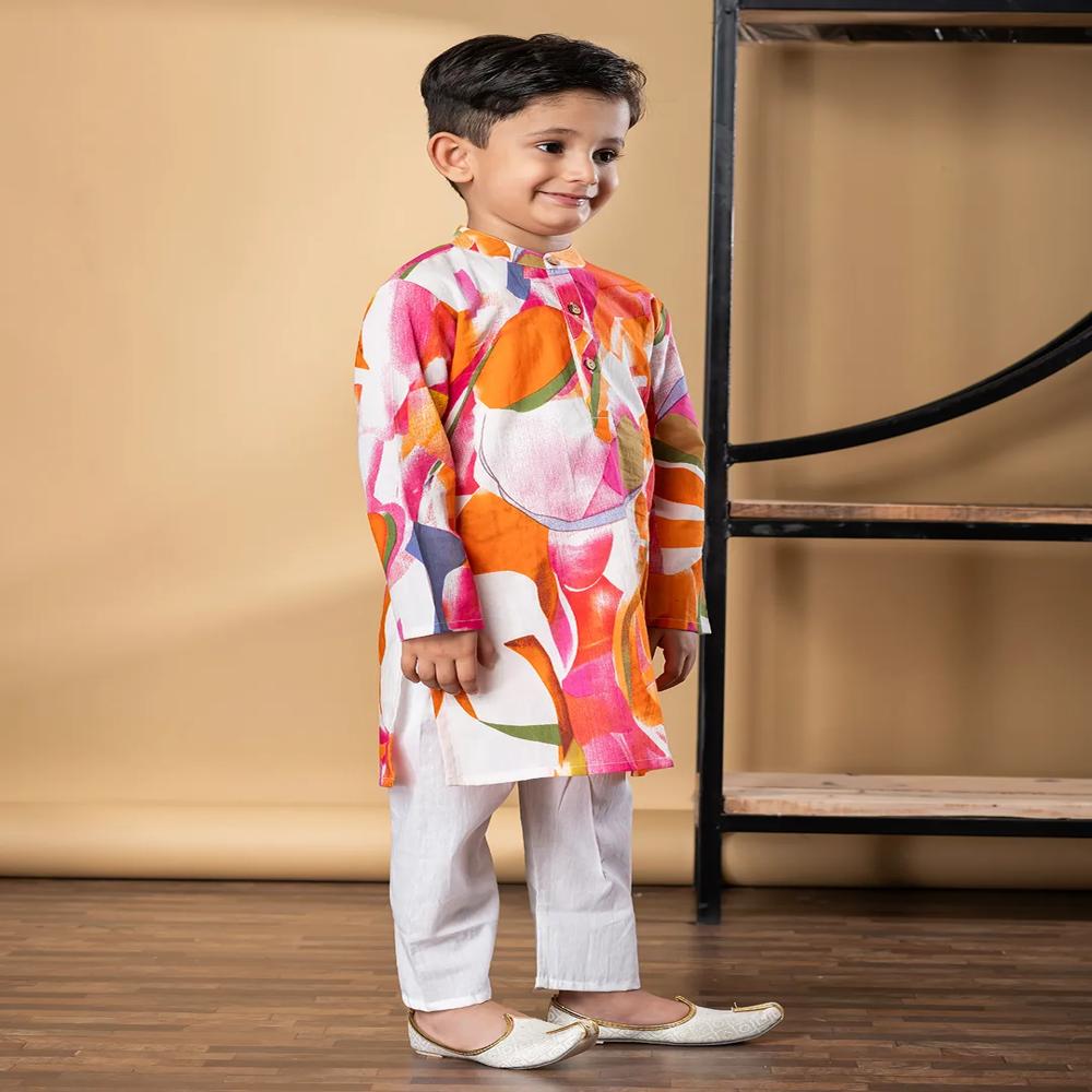 Boys Straight Style Cotton Fabric Orange Color Kurta And Pyjama