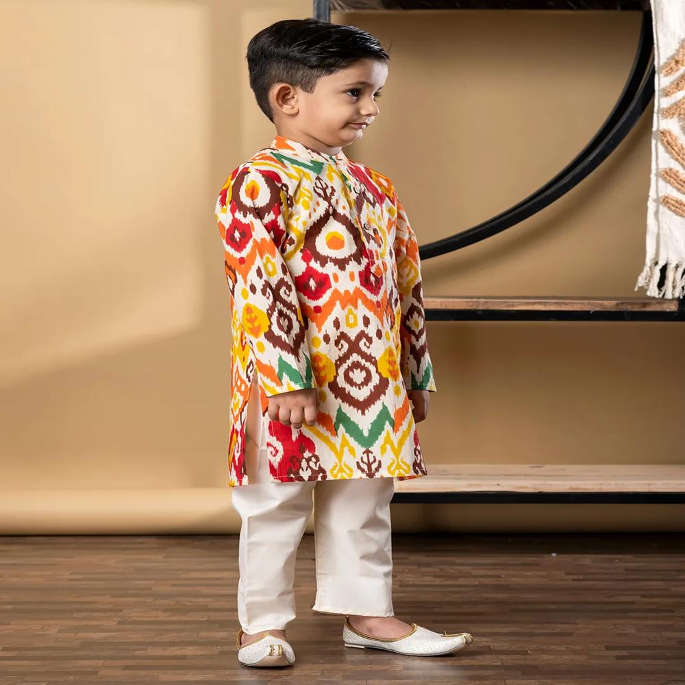 Boys Straight Style Cotton Fabric Orange Color Kurta And Pyjama