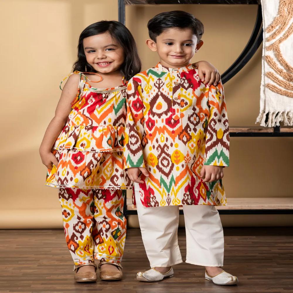Boys Straight Style Cotton Fabric Orange Color Kurta And Pyjama