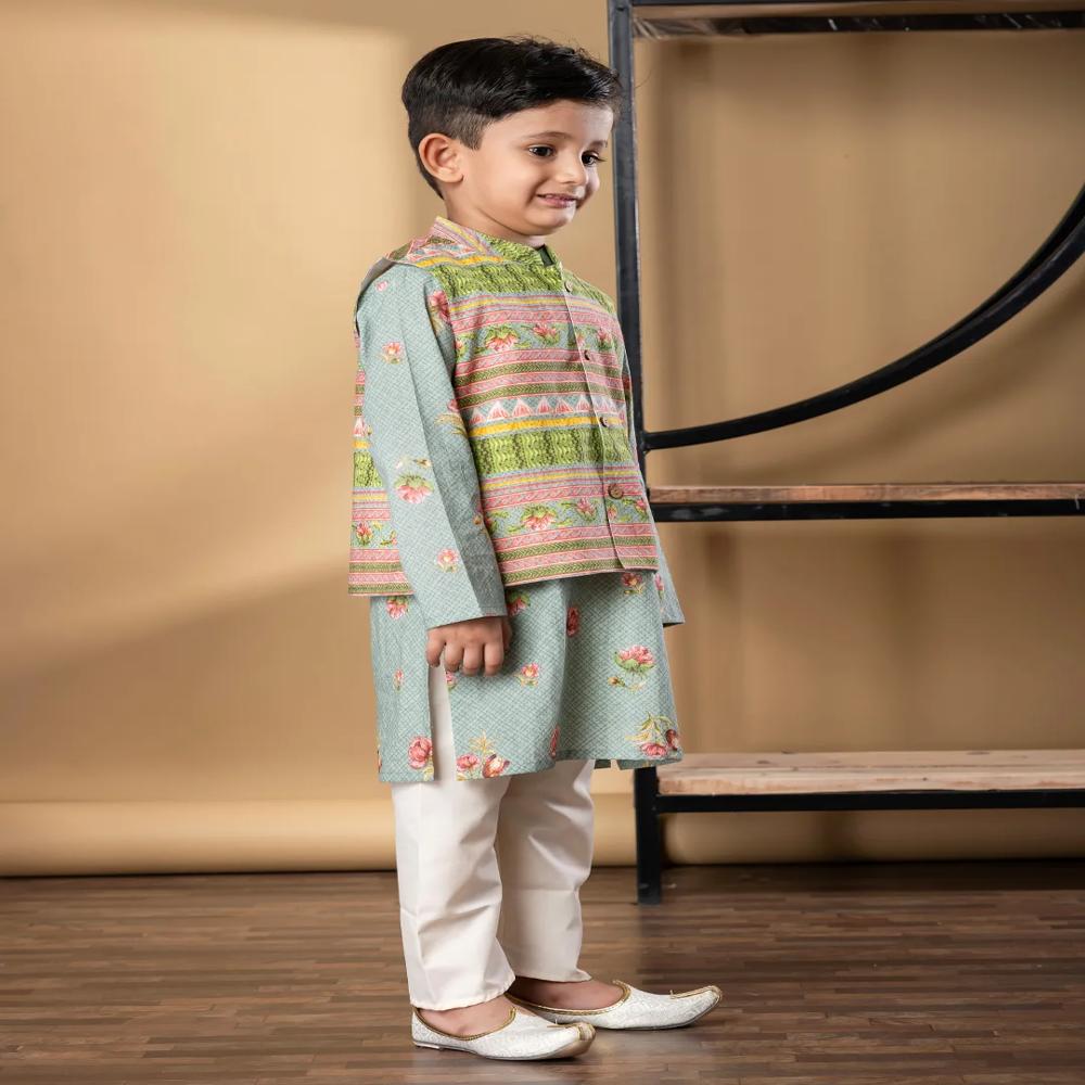 Boys Straight Style Cotton Fabric Green Color Kurta And Pyjama With Nehru Jacket