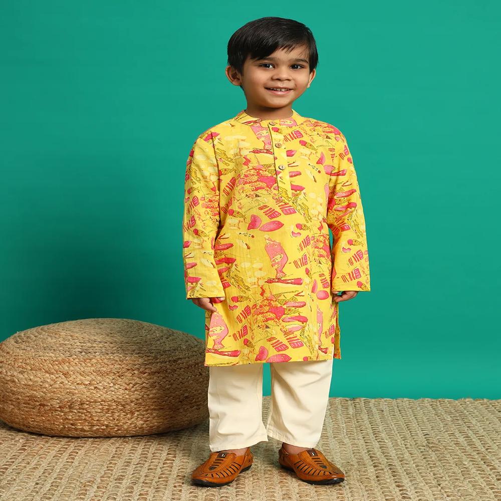 Boys Straight Style Cotton Fabric Yellow Color Kurta And Pyjama