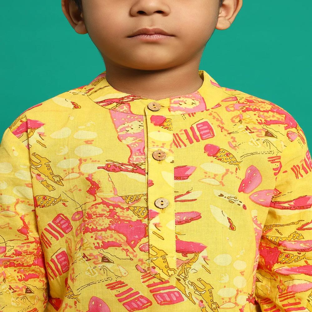 Boys Straight Style Cotton Fabric Yellow Color Kurta And Pyjama