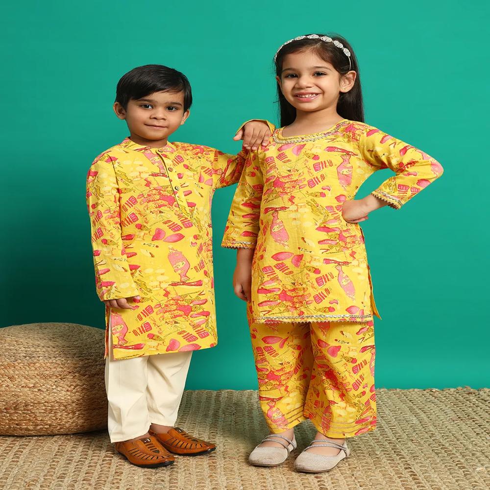 Boys Straight Style Cotton Fabric Yellow Color Kurta And Pyjama